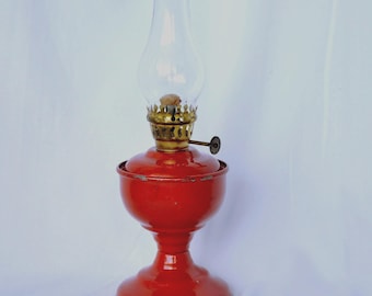 Red Glass Oil Lamp, Eagle Burner, Clear Hurricane Shade, Collectable Kerosene Lamp