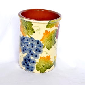 Hand Painted Ceramic Utensil Crock, Italian Alfa Pottery, Grapes Lemons Vase