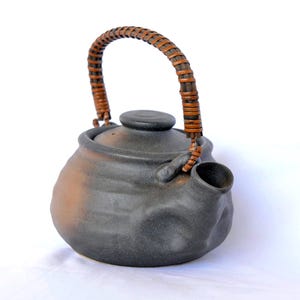 Japanese Stoneware Teapot, Juniper Wood Handle, Mid Century Pottery circa 1950s