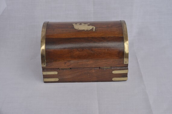 Wooden TREASURE CHEST with Inlaid Brass Elephant … - image 5