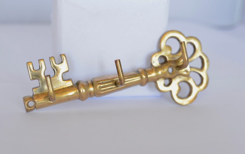 Vintage Brass Key Shaped Key Holder Brass Hooks Farmhouse Cottage ...