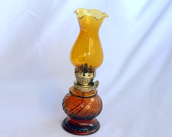 Antique Oil Lamp Hobnail Amber Glass and Shade