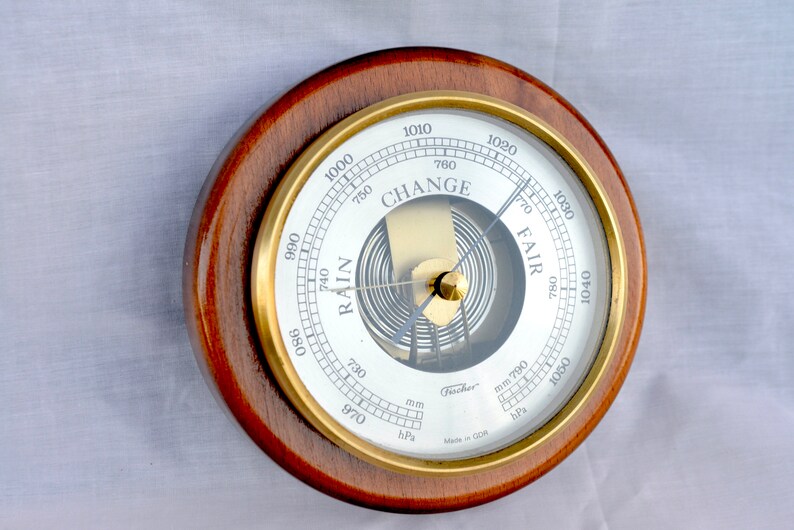 Large Brass, Round Oak Wooden Fisher Pascal Barometer, High Quality