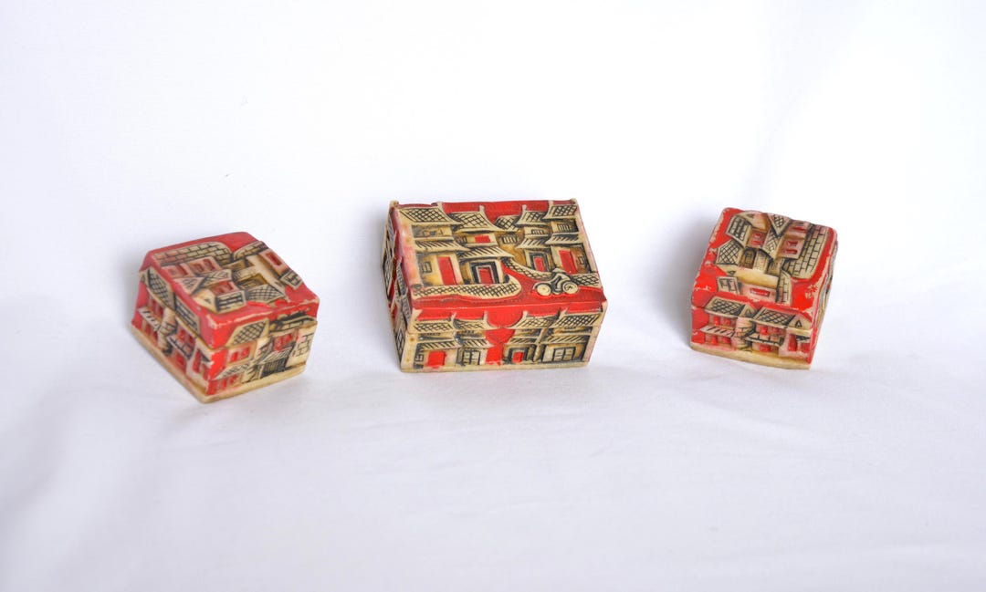 Stone Carved Box Set of 3 Natural Stone Trinket Boxes, Hand Painted ...