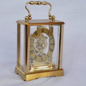 Kundo Skeleton Brass Carriage Clock, West Germany Battery Operated Mantle Timepiece
