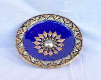 Moroccan Ceramic Dish with Metal and Brass&Copper Inlays-Unique Wall Dish-Handmade Pottery Plate-Decorative Wall Dish-Home Decors