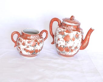 Meiji Period Kutani Ware Set, Orange Floral Hand-Painted Porcelain Tea Jar