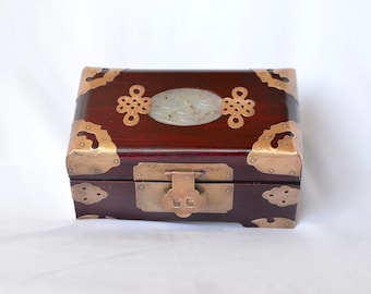 Vintage Rosewood Jewelry Box, Hand-Carved Jade Inset, Ornate Brass Fittings