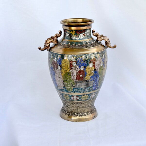 Antique Jar Late Qing Period Monumental 19th Century Chinese Champleve Enamel  Momks, Bronze Floor Vase Cloisonné, Dragon Handle