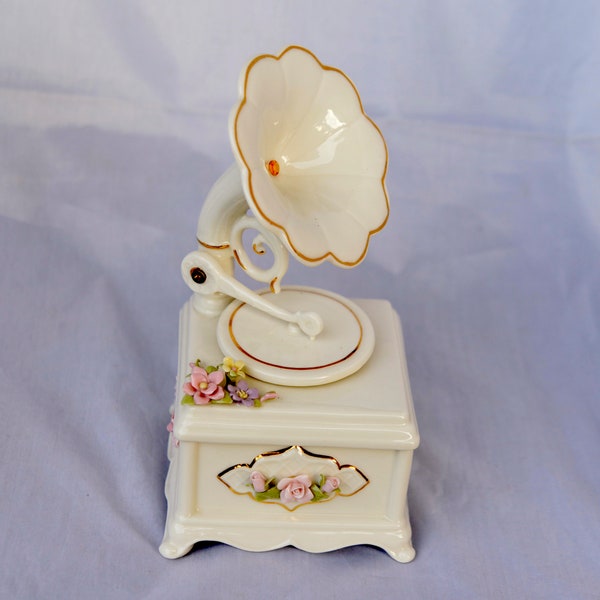 Vintage porcelain musical gramophone, Music Figurine, Playing beautiful Sound.