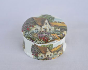 vintage bone china trinket box or jewellery box ornate cottage scene porcelain trinket box Blue Waters English round shaped