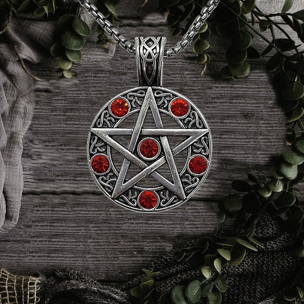 Halskette "Pentagramm" mit 6 blutroten Steinen