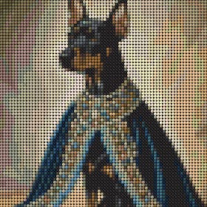 May include: A pixelated image of a Doberman Pinscher dog wearing a dark blue cape with gold and blue accents. The dog is black and tan, with its ears perked up. The background is a light beige color.