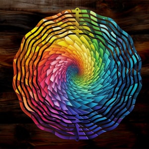 May include: A colorful metal wind spinner with a rainbow swirl design. The spinner has multiple layers of metal that create a spiral effect. The wind spinner is designed to rotate in the wind.
