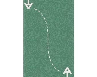 May include: A green topographic map with a white dashed line path and two white compass symbols, one at the top pointing down and one at the bottom pointing up.