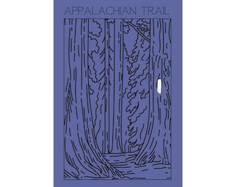 May include: A blue poster with the text "Appalachian Trail" at the top. The poster features a black and white line drawing of a forest with tall trees.