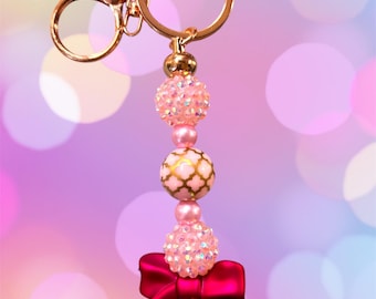 Handmade Beaded Keychain: Pink Sparkle Bow