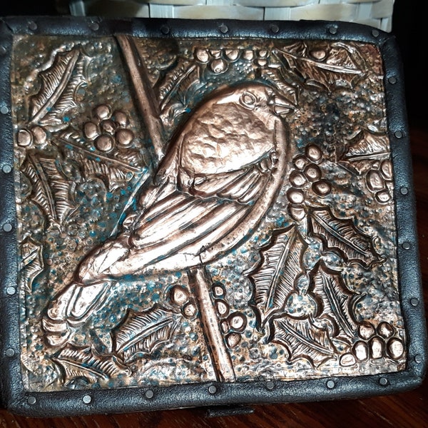 Finch in Holly Jewelry Box. Tooled Copper and Leather over Fir Box. Velvet Lined Four Section Tray and Lid. Hand Made, Embossed and Aged.