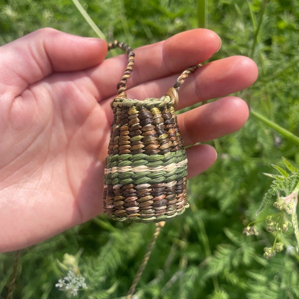 hand-woven amulet / crystal pouch necklace