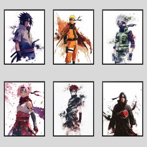 Set of 6 Popular Anime Characters, Naruto Art Poster, Wall Art, Watercolor Anime Inspired Artwork, Ninja Wall Decor, Kid Posters, Anime Gift