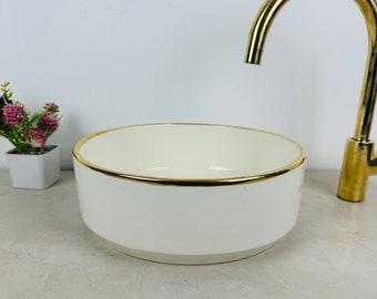 Of White Bathroom Ceramic sink 14K Gold, hand painted bathroom ceramic washbasin, Custom Luxury handmade counter top basin