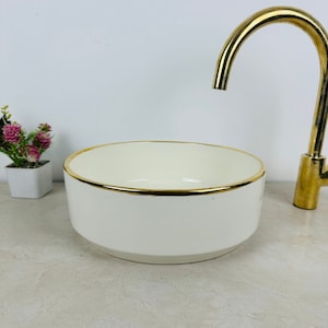Of White Bathroom Ceramic sink 14K Gold, hand painted bathroom ceramic washbasin, Custom Luxury handmade counter top basin