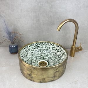 Lavabo de baño verde de cerámica maciza cepillada - Lavabo artesanal de cerámica - Lavabo hecho a mano