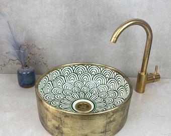 Green Bathroom Vessel sink Brushed Solid -Handcrafted Ceramic Sink-Artisan Ceramic Basin-Handmade Sink