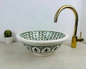 Green And White Bathroom - Made From Ceramic 100% Handmade Hand Painted, Ceramic Sink Decor Built With Mid Century Modern