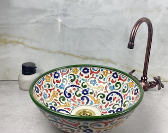 Lavabo de baño de cerámica 100% hecho a mano y pintado a mano, con un diseño de estilo moderno de mediados de siglo.
