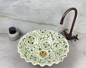 Hand Painted Moroccan Ceramic Sink, Floral Vessel Sink, Bathroom Vanity Bowl, Artisan Wash Basin, Siege green Flower Design Sink