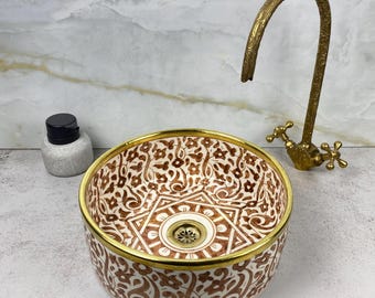 Brown  And White Bathroom Ceramic sink  Gold Rim , Moroccan Sink, Modern Vessel Sink-Custom Luxury handmade counter top basin-Handmade Sink