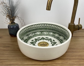 Green and White Bathroom Vessel Sink - Handmade Ceramic Bathroom Sink –Custom Unique Vanity Washbasin Sink -Modern Farmhouse Bathroom Sink