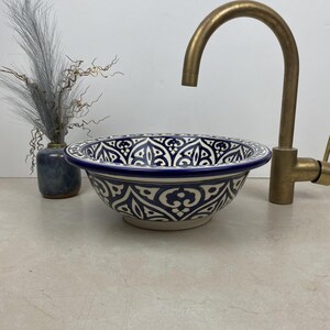 Blue Bathroom vessel sink made from ceramic 100% handmade hand painted, ceramic sink decor built with mid century modern Flair