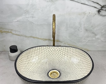 Black and White Modern Oval Ceramic Sink – Hand-Glazed Bathroom Vessel-Custom Oval Ceramic Sink – Handcrafted Bathroom Vessel Sink
