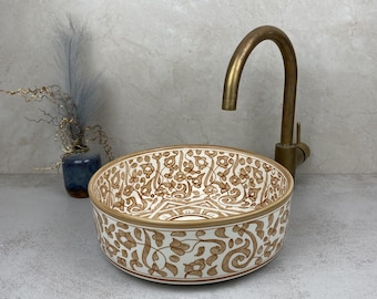 Brown and White Ceramic Sink – Unique Handmade Pottery Bathroom Fixture-Handmade Ceramic Bathroom Sink -Moroccan Sink