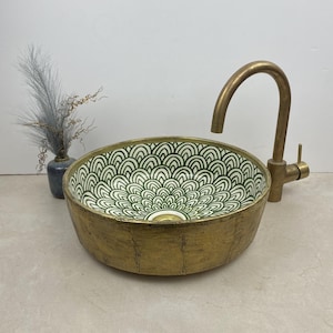 Fregadero de recipiente de baño verde cepillado sólido -fregadero de cerámica hecho a mano-lavabo de cerámica artesanal-fregadero hecho a mano