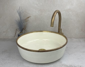 White Off Bathroom Vessel sink Brushed Solid Brass Rimmed-wash Basin with Mid-Century Modern-Artisanal Farmhouse basin