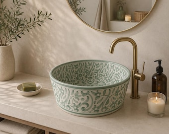Lavabo in ceramica verde chiaro con lavabo in ceramica in stile moderno di metà secolo - Lavabo in ceramica su misura - Lavabo da bagno rustico fatto a mano - Lavabo in ceramica per bagno