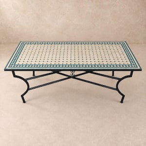 Rectangular Moroccan Zellige tile Mosaic tabletop With Wrought Iron Base for Outdoor & Indoor Use: Sage Green Garden Patio Area Table