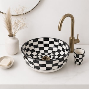 Custom Made Checkered Bathroom Ceramic Sink - Remodeling Bathroom Vanity Round Basin Handmade
