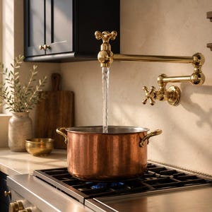May include: A wall-mounted, polished brass pot filler faucet with a double-jointed swing arm and cross-handle controls, dispensing a steady stream of water into a large, round copper stockpot resting on a black gas stovetop burner.