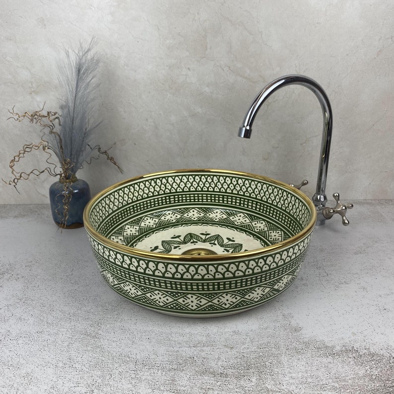 Green and White Bathroom Ceramic Sink 14K Gold, Hand Painted Bathroom