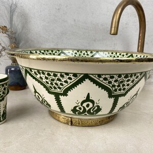 Green and White Bathroom Vessel Sink Brushed Solid Brass Rimmed-wash ...