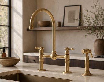 Unlacquered Brass Bridge Kitchen Faucet with Side Sprayer, Mixer Brass Faucet