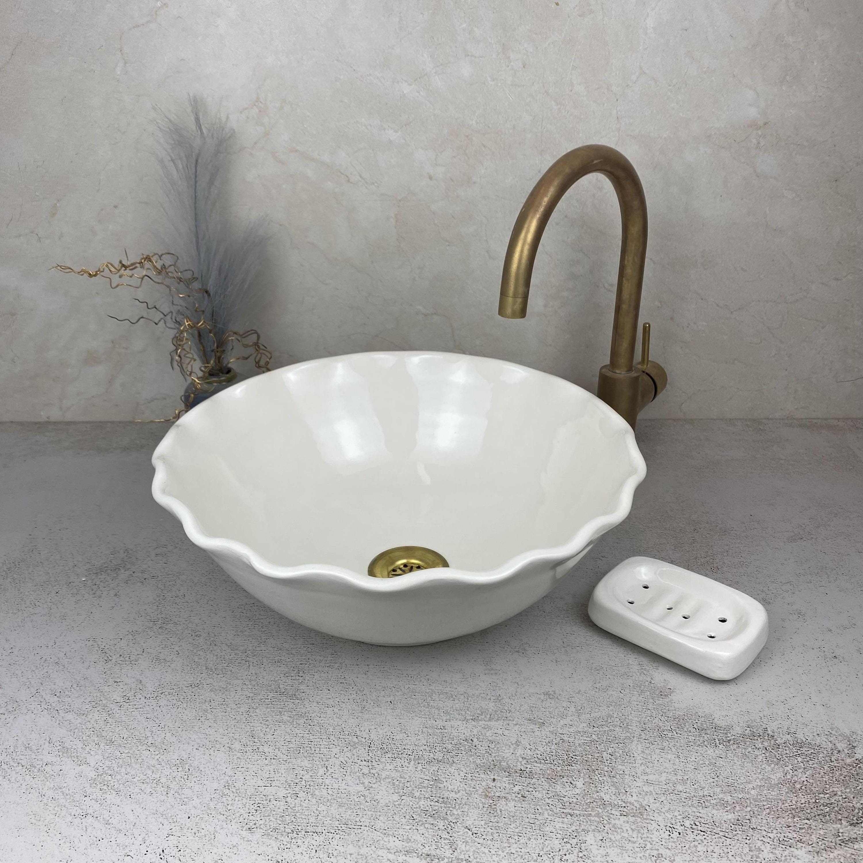 White Off Bathroom vessel sink made from ceramic 100% handmade & Soap Gift -Handcrafted Ceramic Sink - Perfect for a Stylish Home