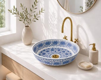 Blue and White Oval Bathroom Sink, Ceramic Vessel Sink, Hand Painted Floral Bathroom Basin, Countertop Wash Basin