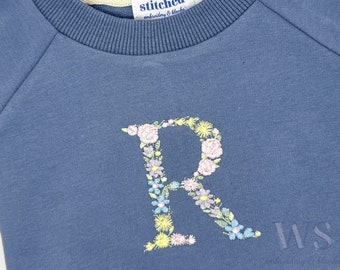 Custom Embroidered Kid's Sweatshirt - Blue with Floral Initial