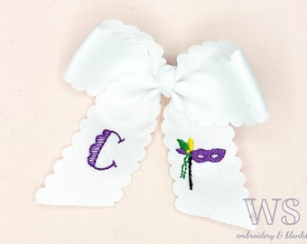 Custom Embroidered Hair Bow - Mardi Gras Mask and Initial