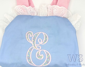 Custom Embroidered Sunsuit Bubble - Blue with Pink Ties